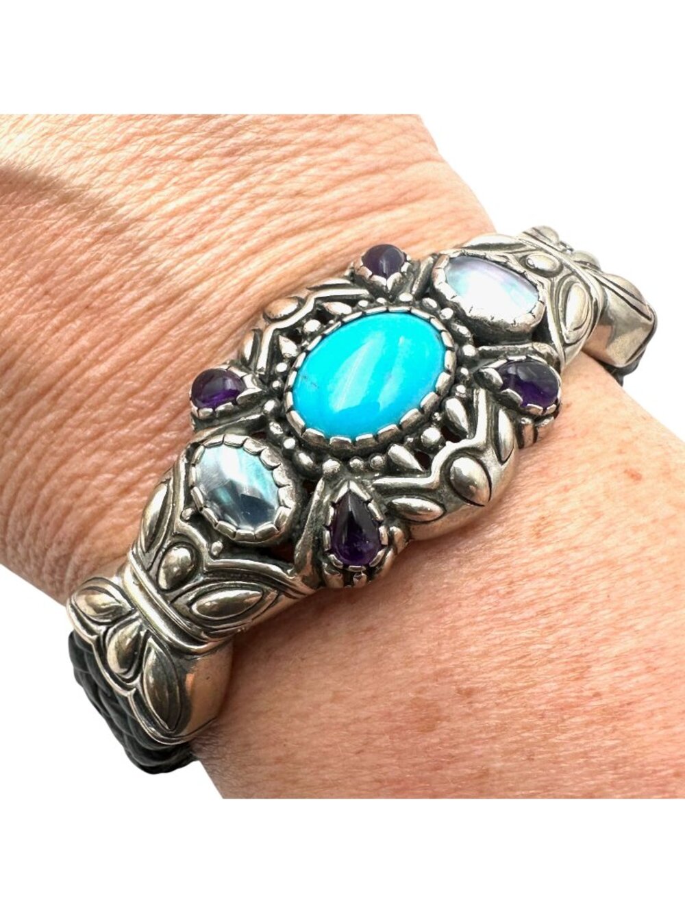 Carolyn Pollack Bracelet Turquoise Amethyst Pearl Sterling Silver Leather Cuff